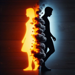 Une image abstraite illustrant les interactions énergétiques entre une personne lumineuse et une présence toxique - Elemiah voyance 08.99.96.90.99
